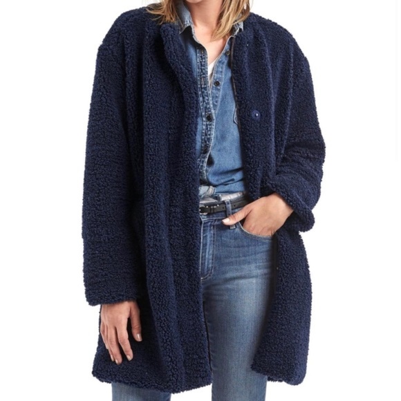 GAP | Navy Blue Oversized Long Teddy Sherpa Collarless Jacket Small - Picture 1 of 14